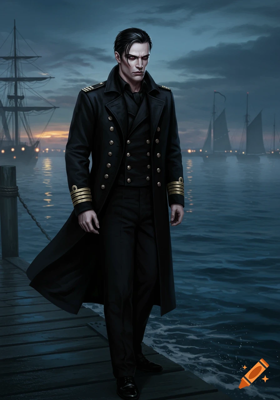 Digital art of a brooding man in a black navy captain's coat standing on a dock with ships at sea under a dark sky.