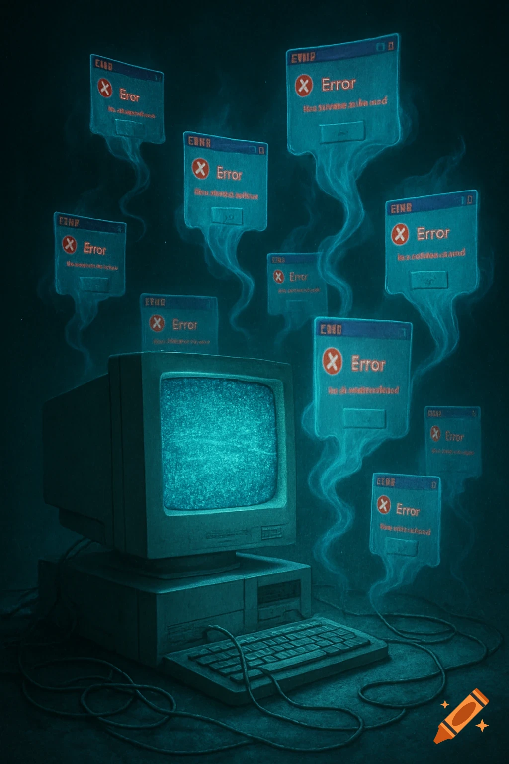 An old, teal-lit desktop computer with a static-filled screen sits in the dark. Numerous glowing, translucent error windows with garbled text float above it, emitting wisps of smoke-like energy.