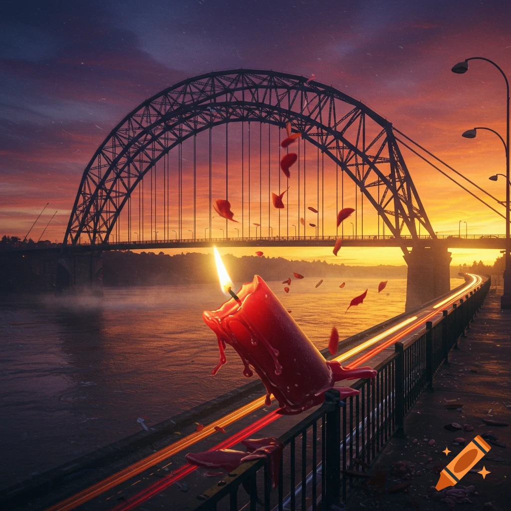 A red candle melts onto a bridge railing with red petals falling, set against a vibrant sunset sky and a large arch bridge over a river.