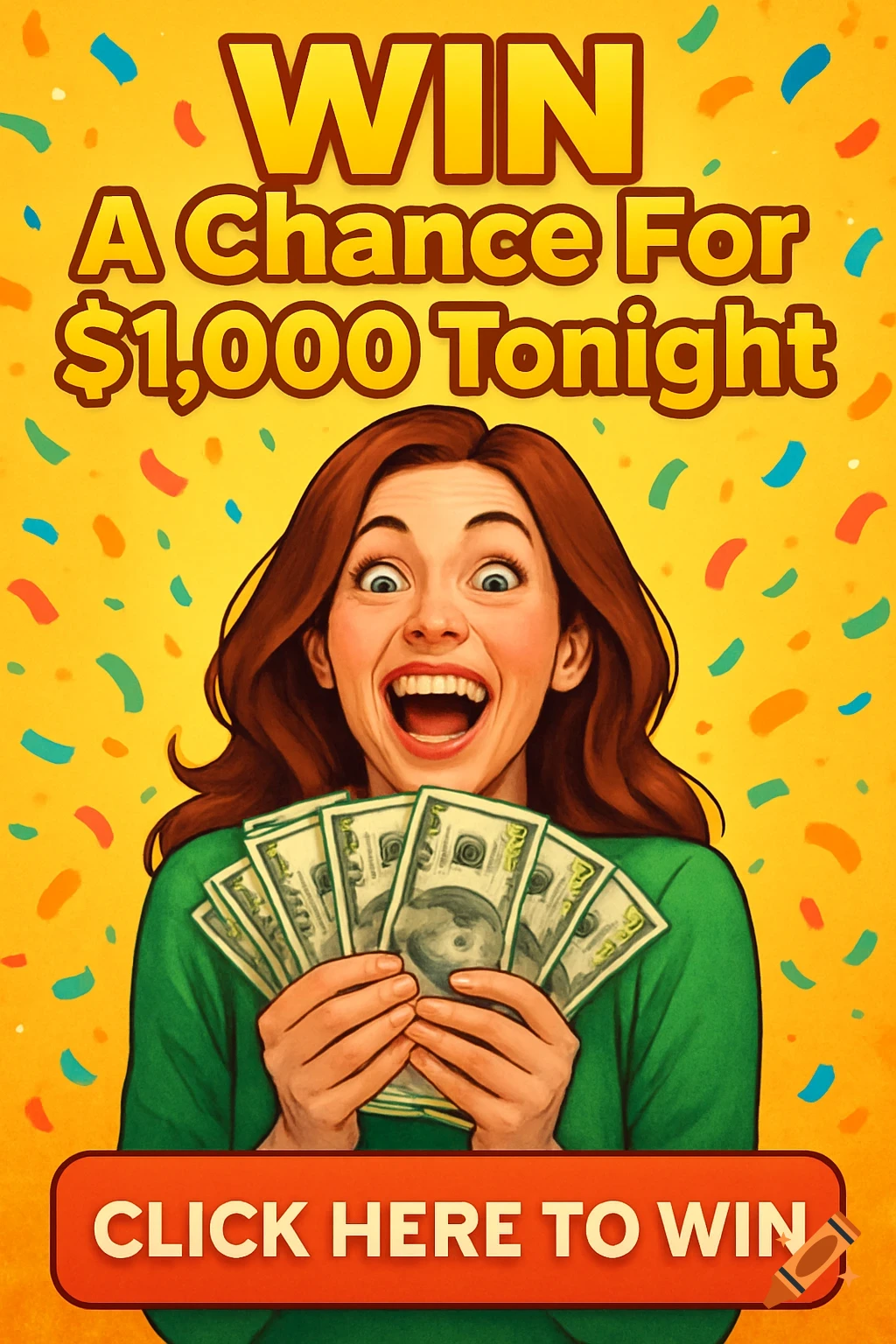 An excited woman in a green shirt holds money on a yellow background with 'WIN A Chance For $1,000 Tonight' and 'CLICK HERE TO WIN'.