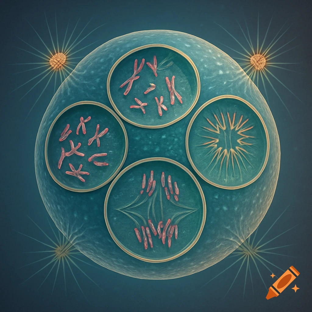Detailed illustration of an animal cell in different stages of mitosis, showing chromosomes and spindle fibers.