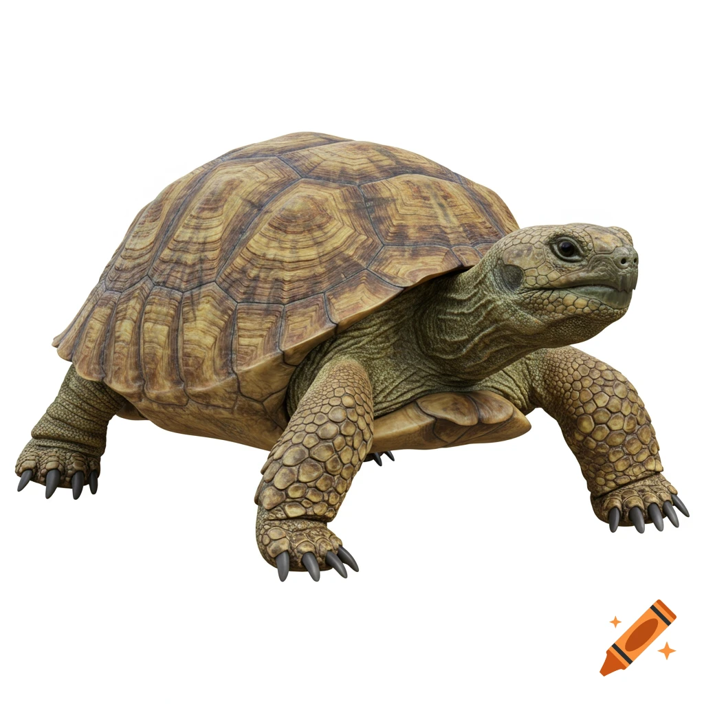 A photorealistic gopher tortoise stands on a white background, viewed from a slightly elevated angle.
