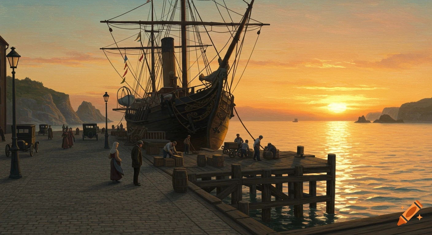 Painting of a bustling 1900s harbor at sunrise with a large ship, workers, vintage cars, and pedestrians on a cobblestone dock.