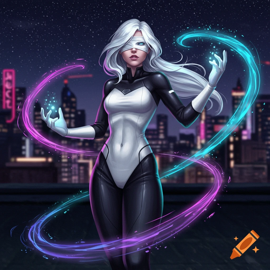 A white-haired, blindfolded woman in a black and white superhero suit manipulates glowing pink and blue energy, standing on a rooftop at night with a city skyline in the background. Digital art style.