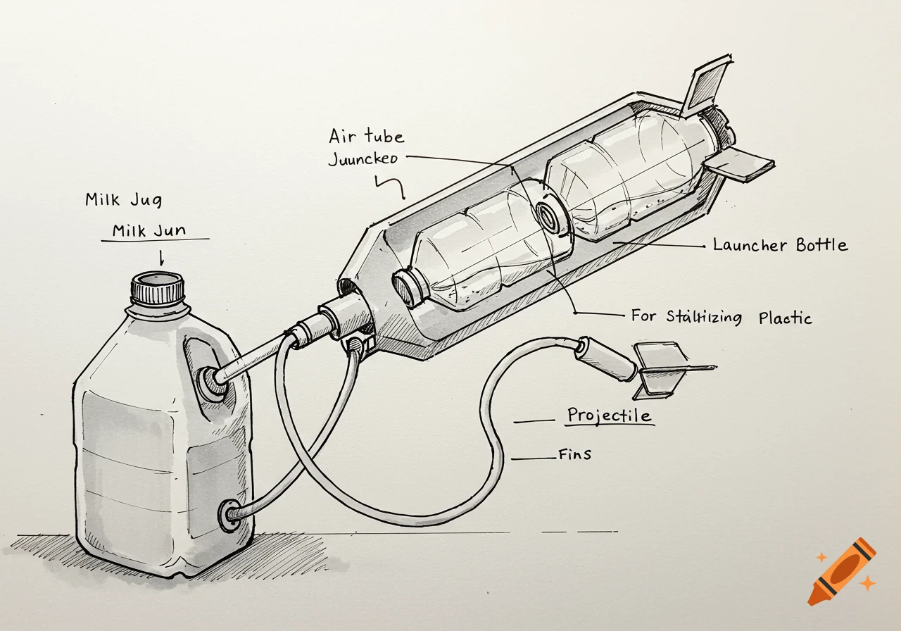 Hand-drawn technical sketch of an air-powered launcher made from a milk jug and plastic bottles with labels pointing to each part.