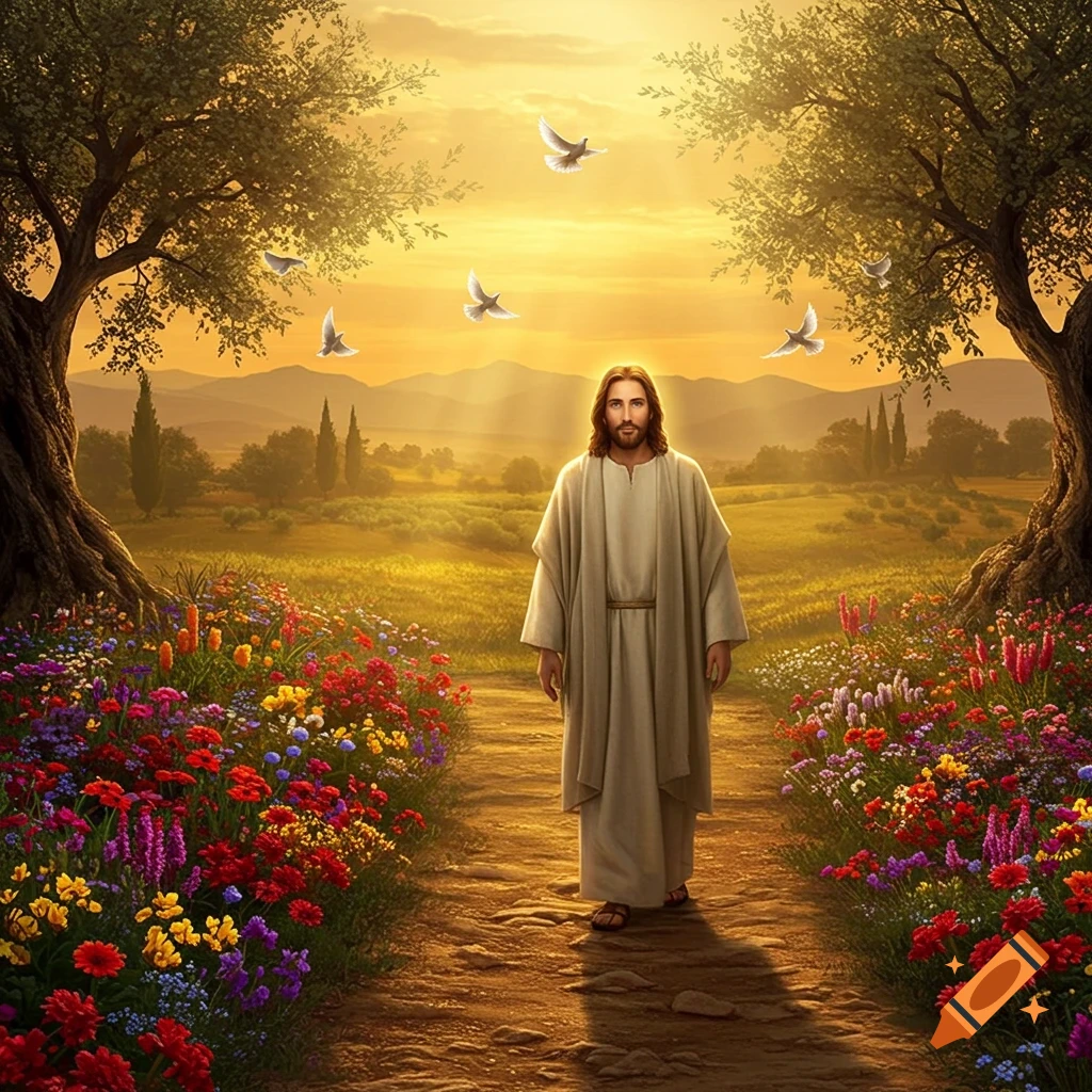 Jesus Christ walks on a sunlit path through a vibrant field of flowers, with trees on either side and doves flying in the golden sky.