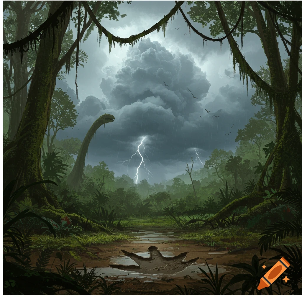 A stormy, lush jungle scene with a giant dinosaur footprint in the mud. A long-necked dinosaur stands under dark storm clouds and lightning.