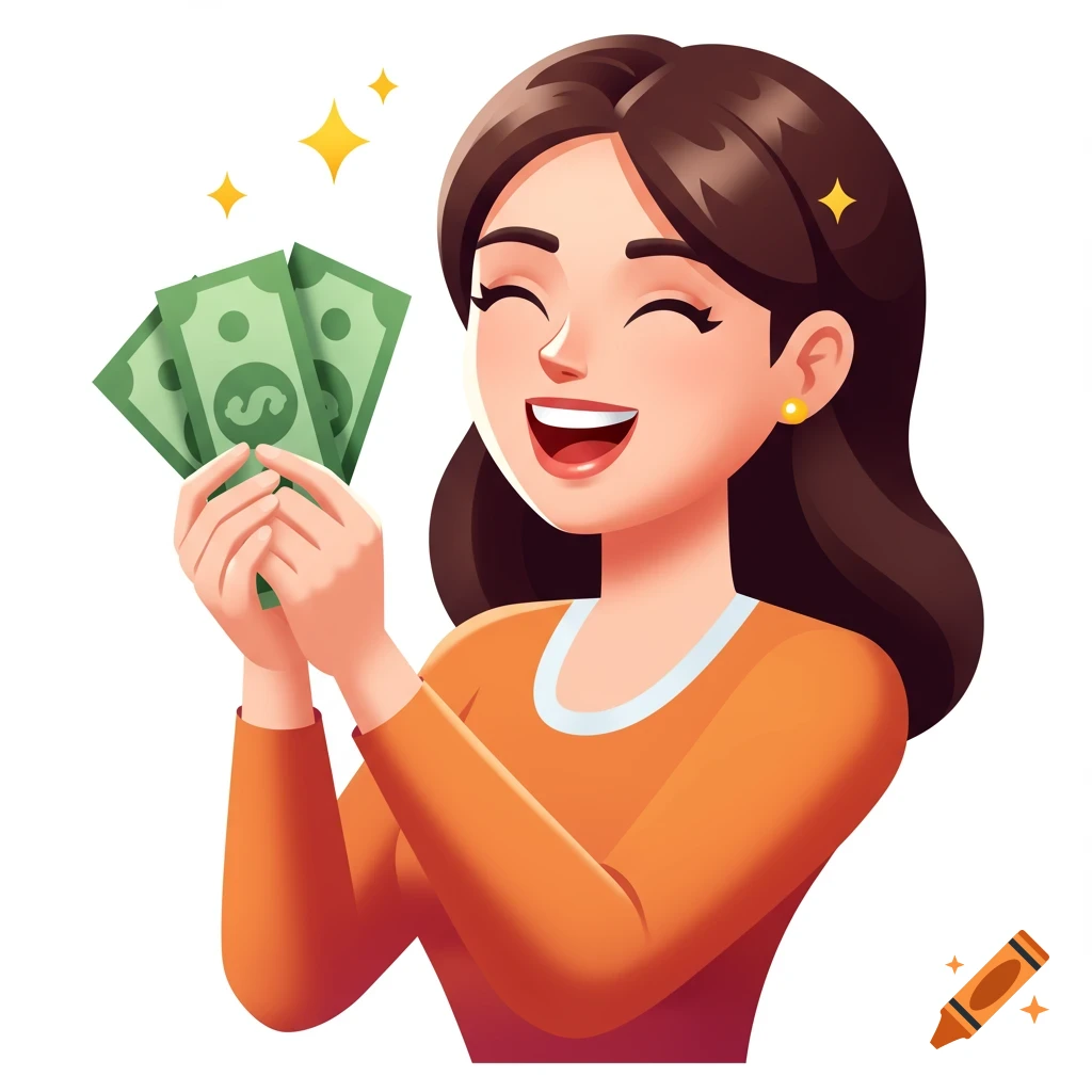Smiling cartoon woman joyfully holding green money bills with dollar signs, sparkling with excitement.