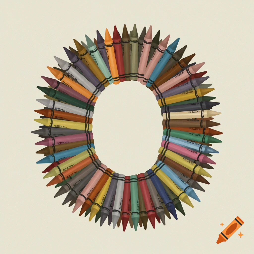 A large letter O formed by numerous colorful crayons pointing outwards on a plain background.