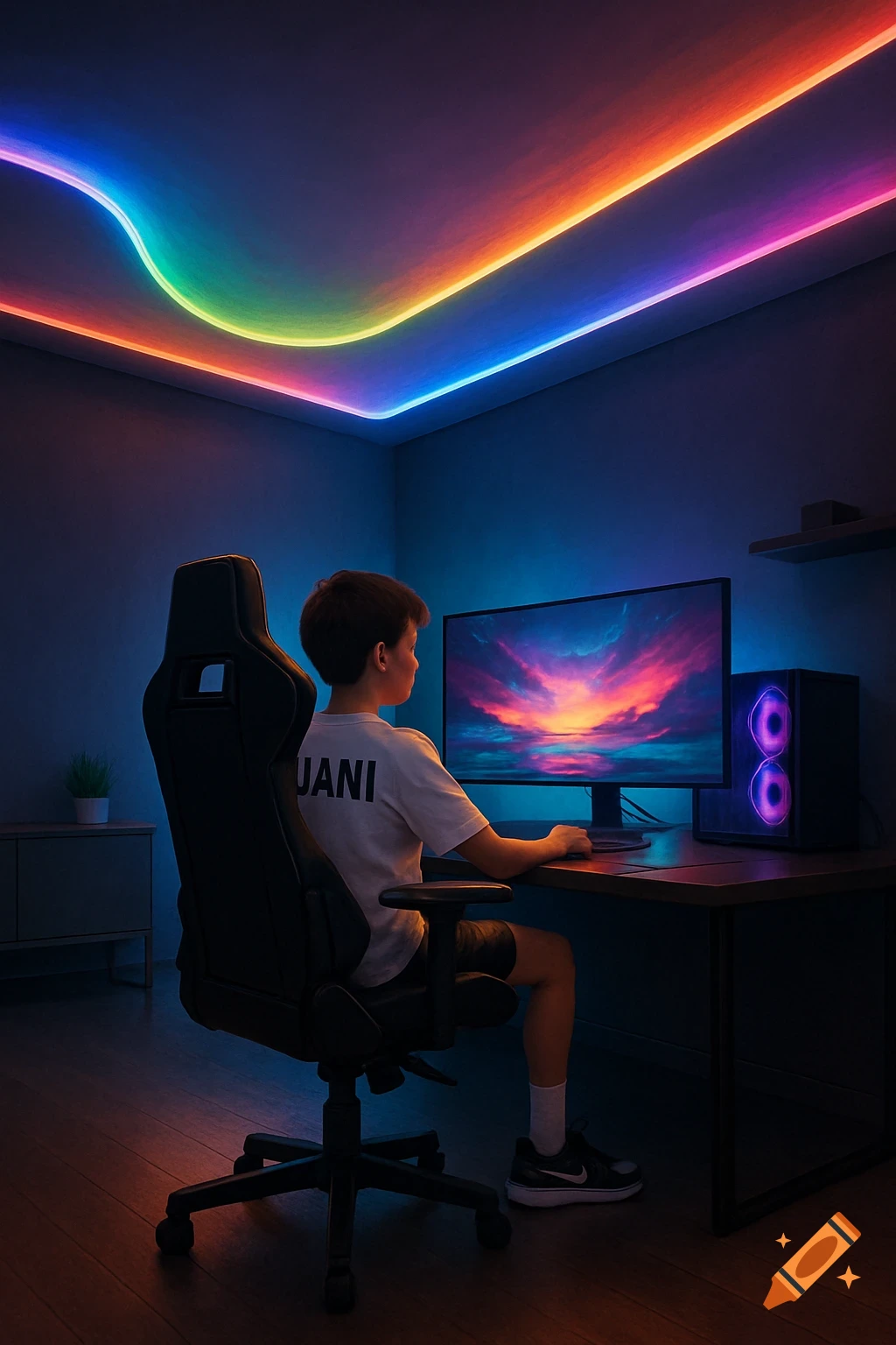 A boy sits at a desk with a gaming computer, illuminated by colorful LED strip lights on the ceiling.