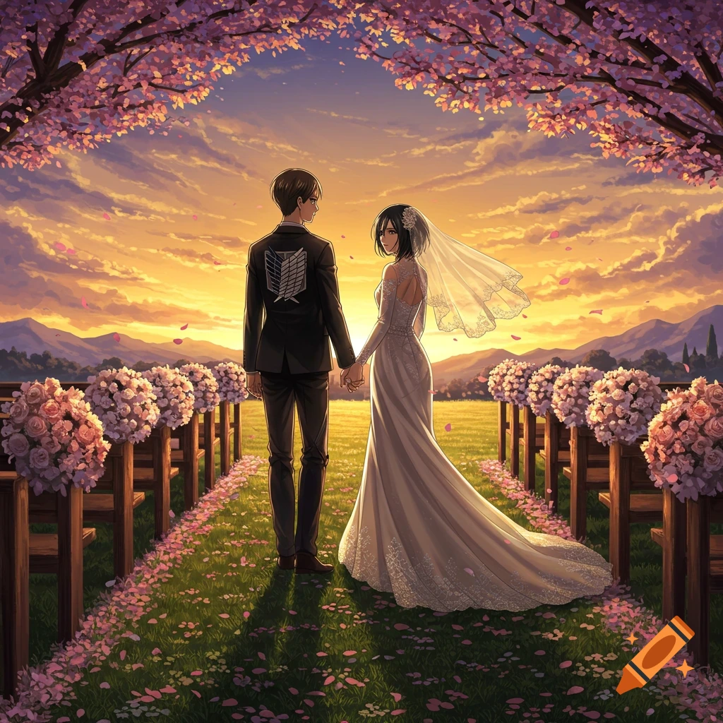 Eren Jaeger and Mikasa Ackerman in wedding attire, holding hands on a grassy aisle under cherry blossom trees at sunset, anime style.