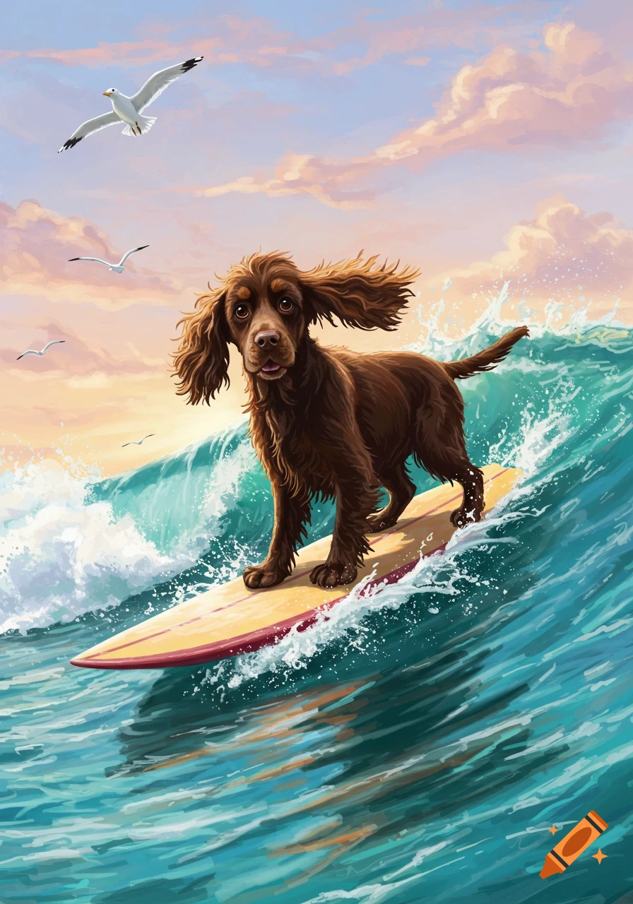 A brown cocker spaniel surfs a turquoise wave at sunset, with seagulls flying in the cloudy sky. Illustrated style.