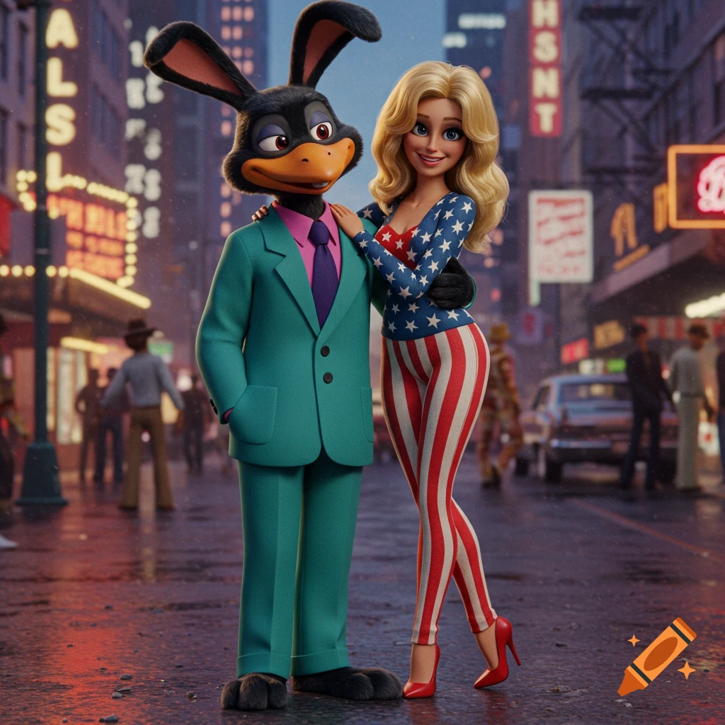 Anthropomorphic black rabbit in a teal suit and blonde woman in a tight American flag outfit pose on a wet city street at night.