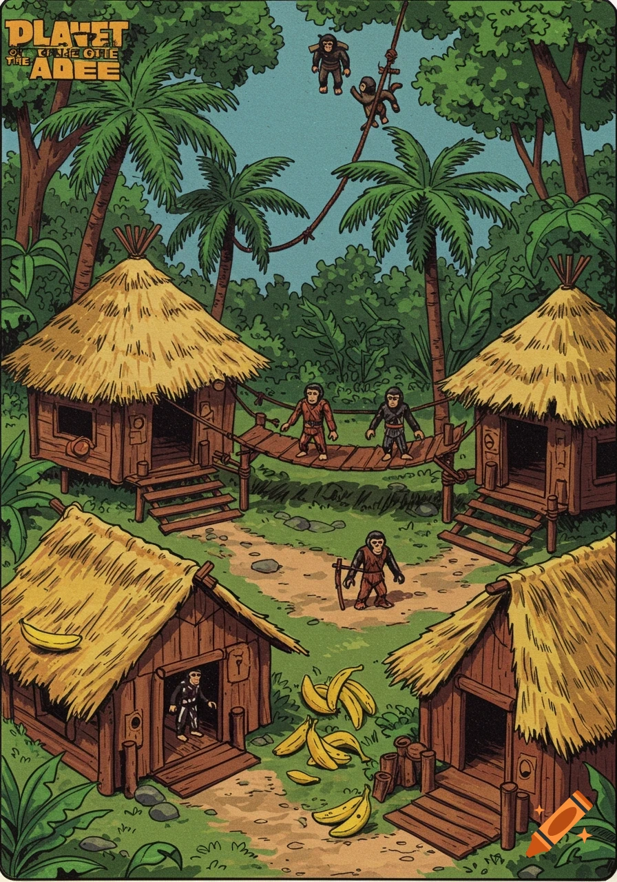 A cartoon-style illustration of an ape village playset with thatched huts, palm trees, and anthropomorphic apes.