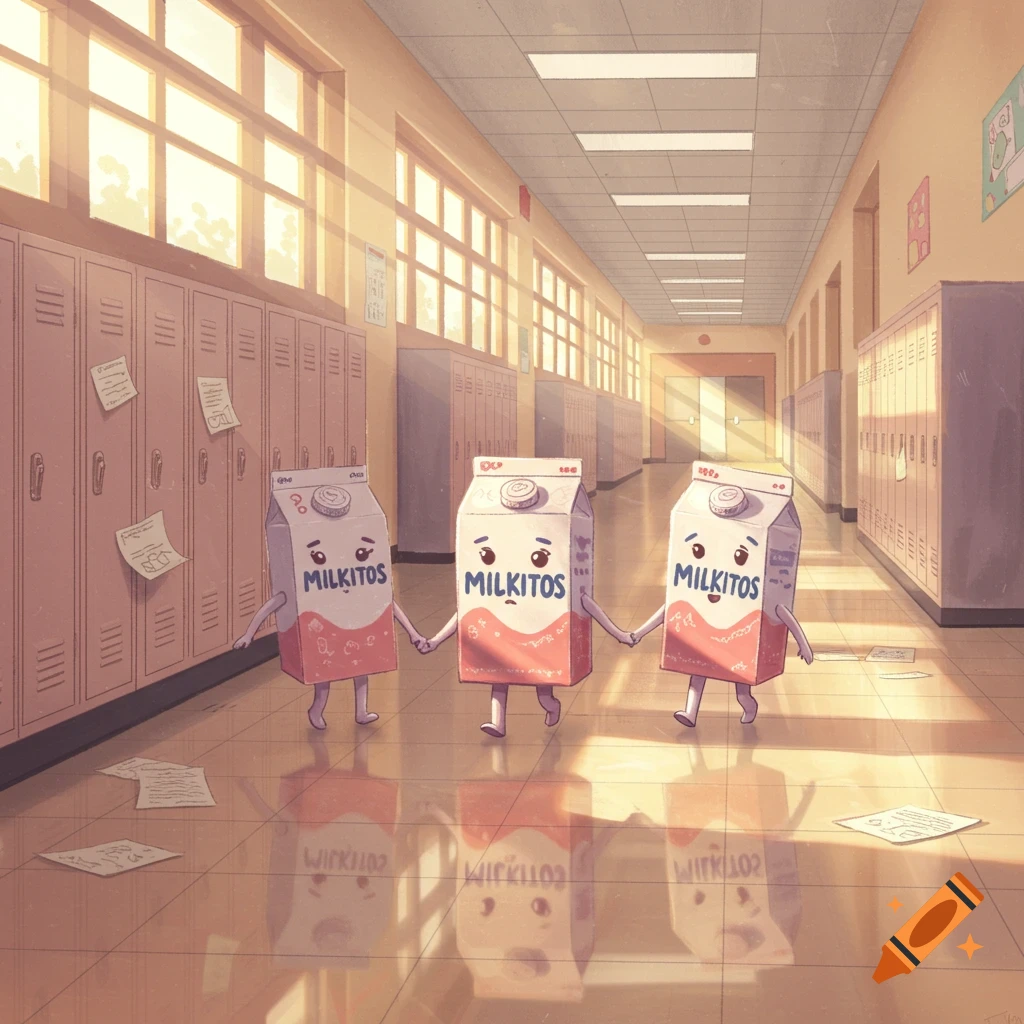 Three anthropomorphic milk cartons, with "MILKITOS" written on them, walk hand-in-hand down a sunlit school hallway in a charming cartoon style.