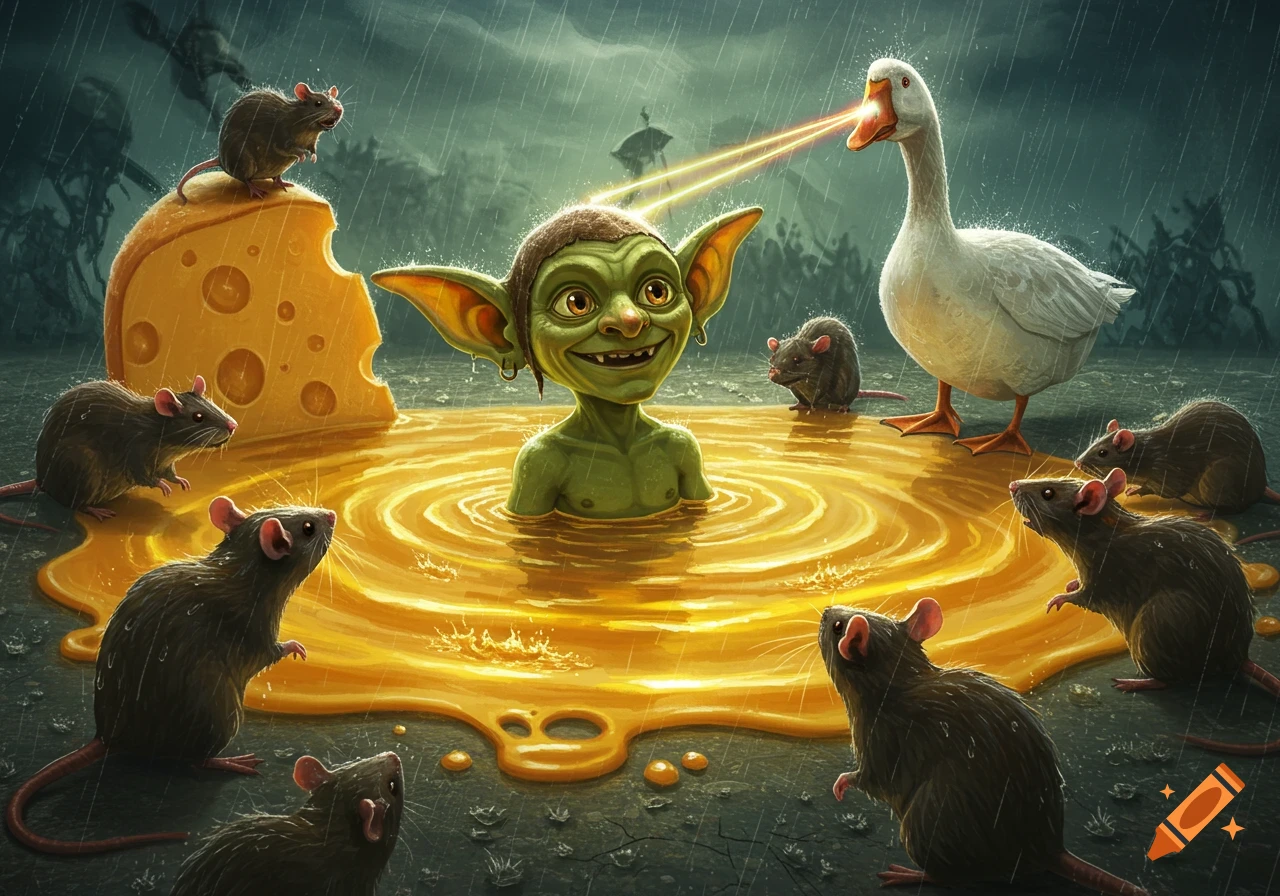 A green goblin smiles in a puddle of melting cheese, surrounded by rats, as a goose shoots laser beams from its eyes in the rain.