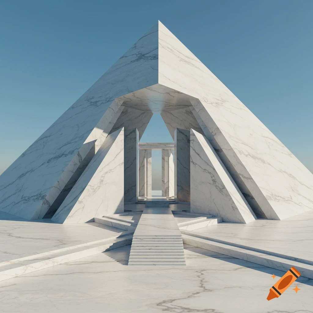 A grand, minimalist white marble structure resembling a split pyramid with central gaps, steps, and pathways under a clear blue sky.