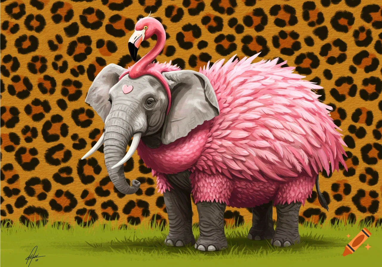 An elephant wearing a pink flamingo costume stands on green grass against a leopard print background in an illustrative style.
