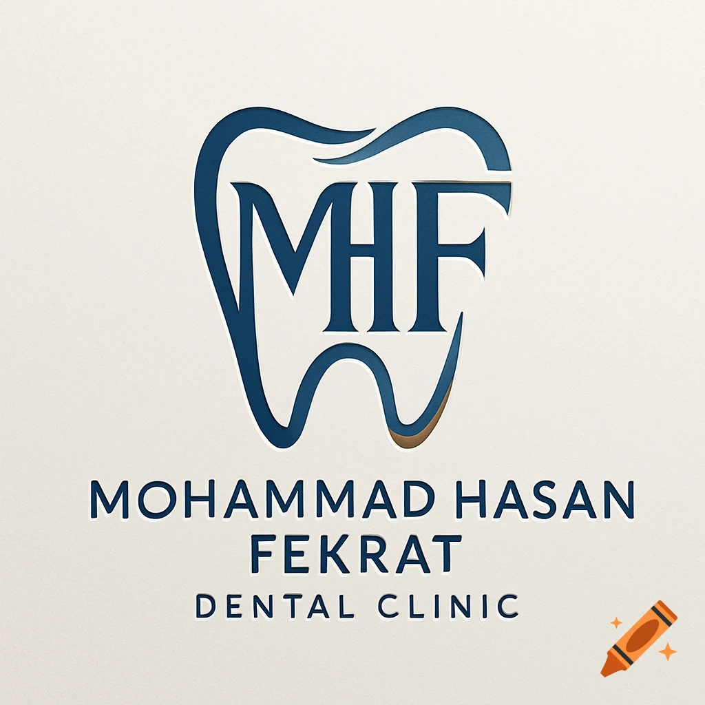 Modern dental clinic logo with a stylized blue tooth shape containing "MHF" initials, and "Mohammad Hasan Fekrat Dental Clinic" text below on a light background.