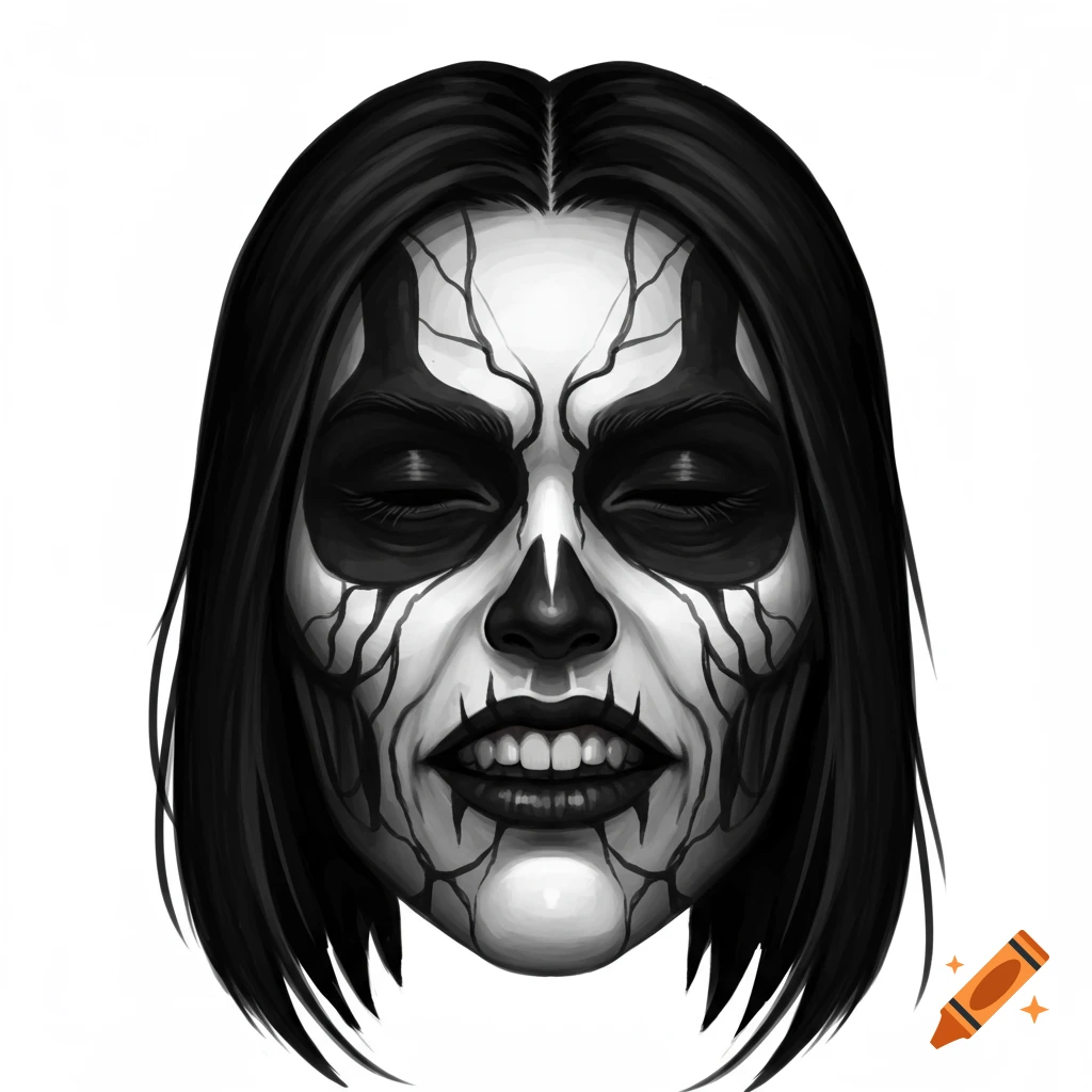 Close-up black and white illustration of a face with black metal corpse paint, long dark hair, and closed eyes.