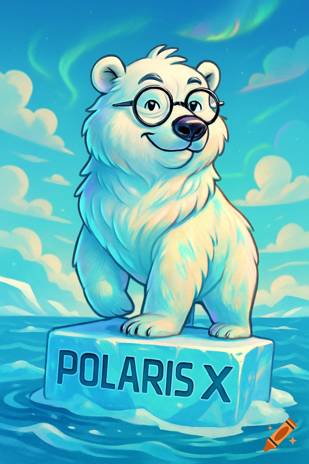 A cheerful cartoon polar bear with glasses stands on an ice block reading 'POLARIS X' under an aurora borealis sky.