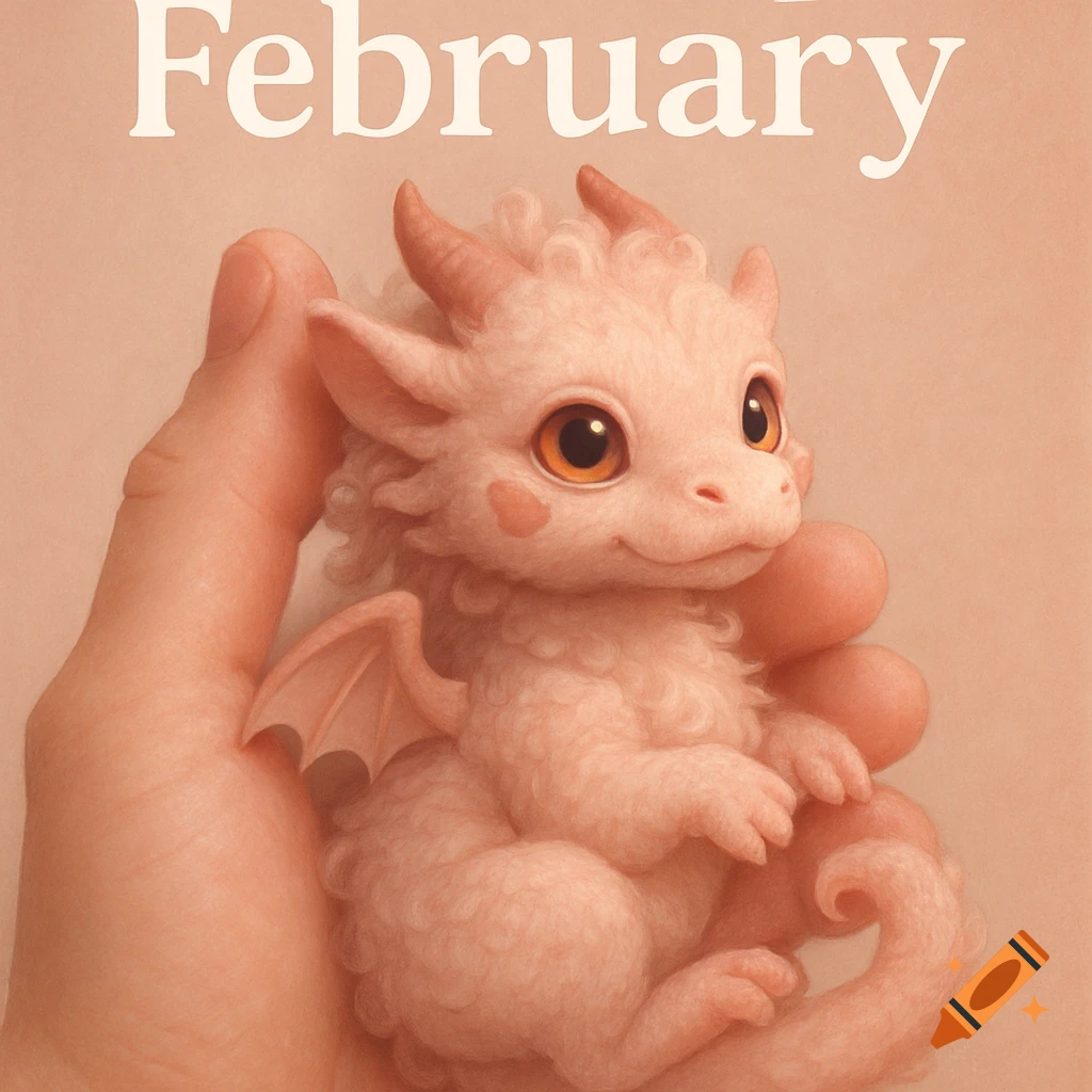 A cute fluffy pink baby dragon with heart-shaped markings sits in a hand, with 'February' text above.