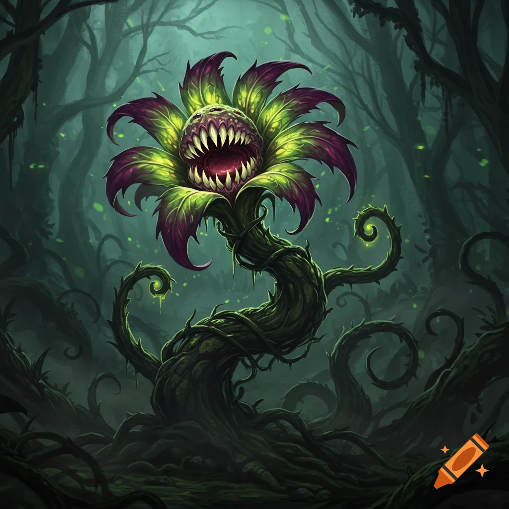 A monstrous, carnivorous plant with sharp teeth and glowing eyes, surrounded by thorny vines in a dark, eerie forest, digital art.