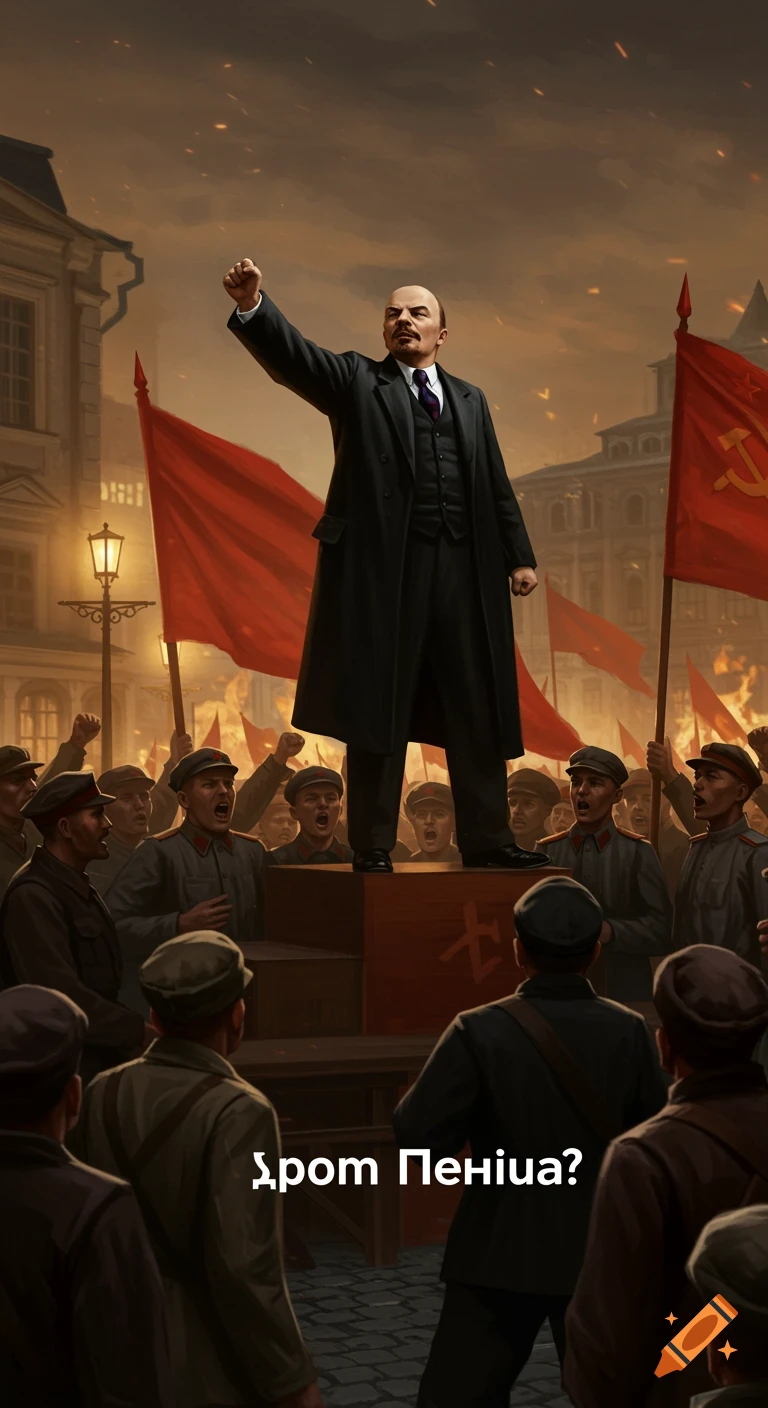 Stylized digital art of Vladimir Lenin addressing a large crowd during a rally, with red Soviet flags in the background.