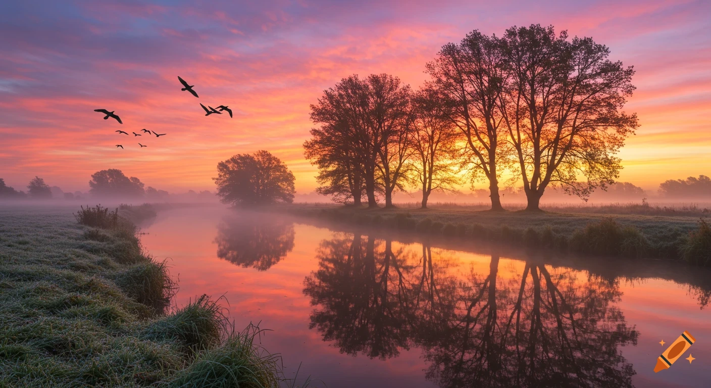 Photorealistic sunrise over a misty river, with vibrant pink and orange sky, silhouetted trees, and birds flying.