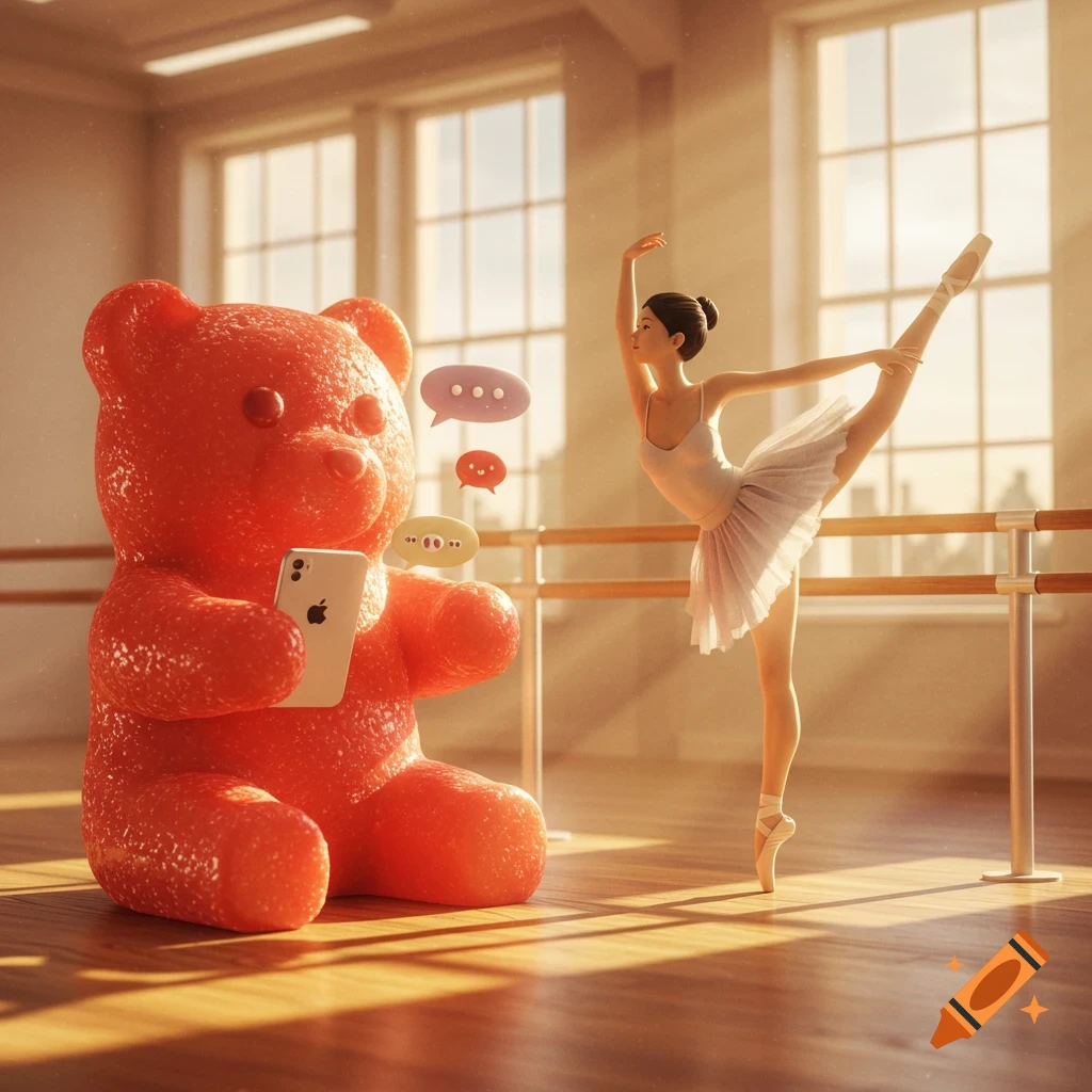 A large orange gummy bear holds a smartphone with chat bubbles next to a ballerina stretching in a sunlit ballet studio.