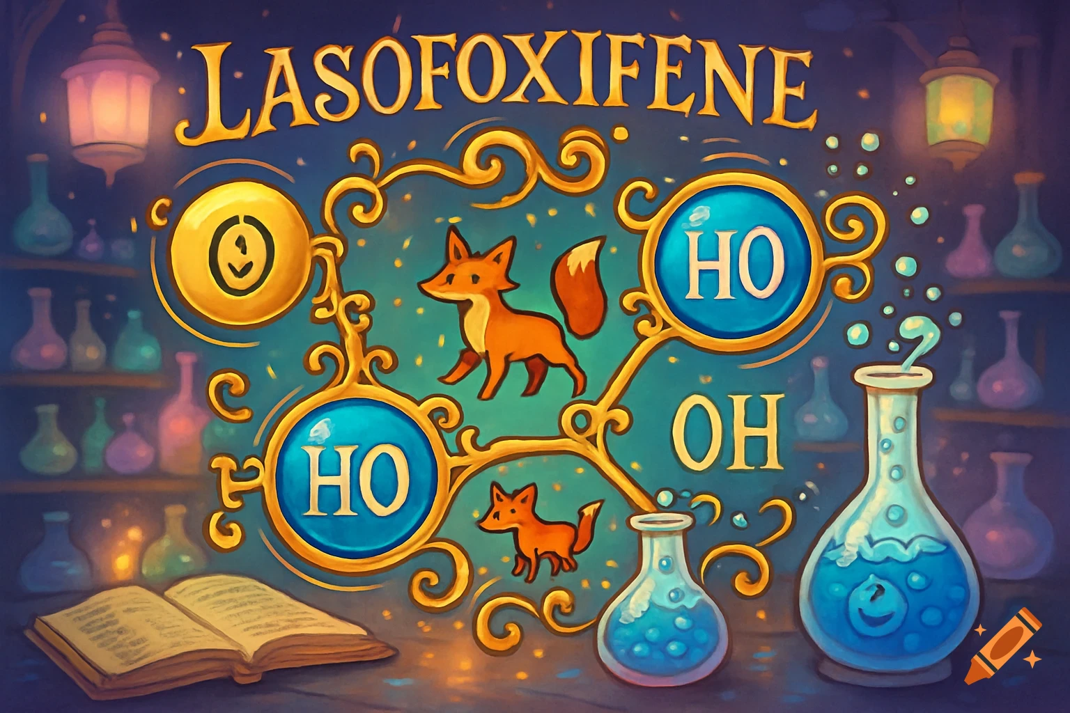 Whimsical illustration of a chemical formula for Lasofoxifene, featuring cartoon foxes, flasks, and glowing lanterns in a magical lab setting.