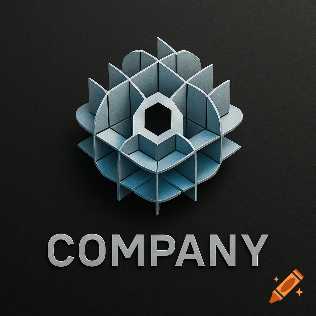 A 3D rendered geometric sliceform logo in light blue and grey above the word 'COMPANY' on a dark background.
