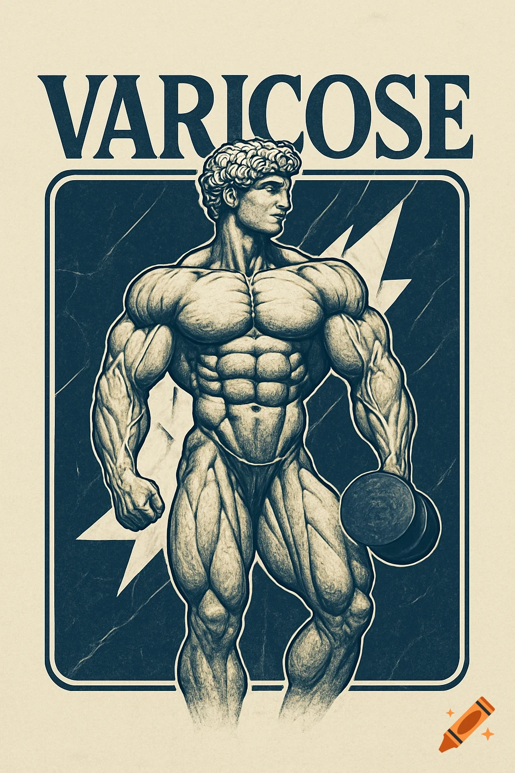 Vintage-style illustration of a highly muscular male bodybuilder in briefs holding a dumbbell, with 'VARICOSE' text above. The design features a dark blue background with a white lightning bolt and a cream border.