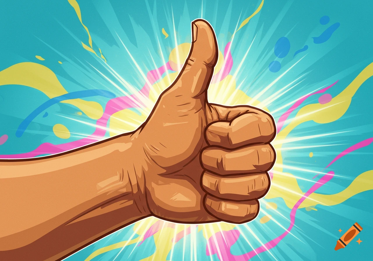 A stylized cartoon hand giving a thumbs-up gesture against a vibrant, light blue starburst background with yellow and pink accents.