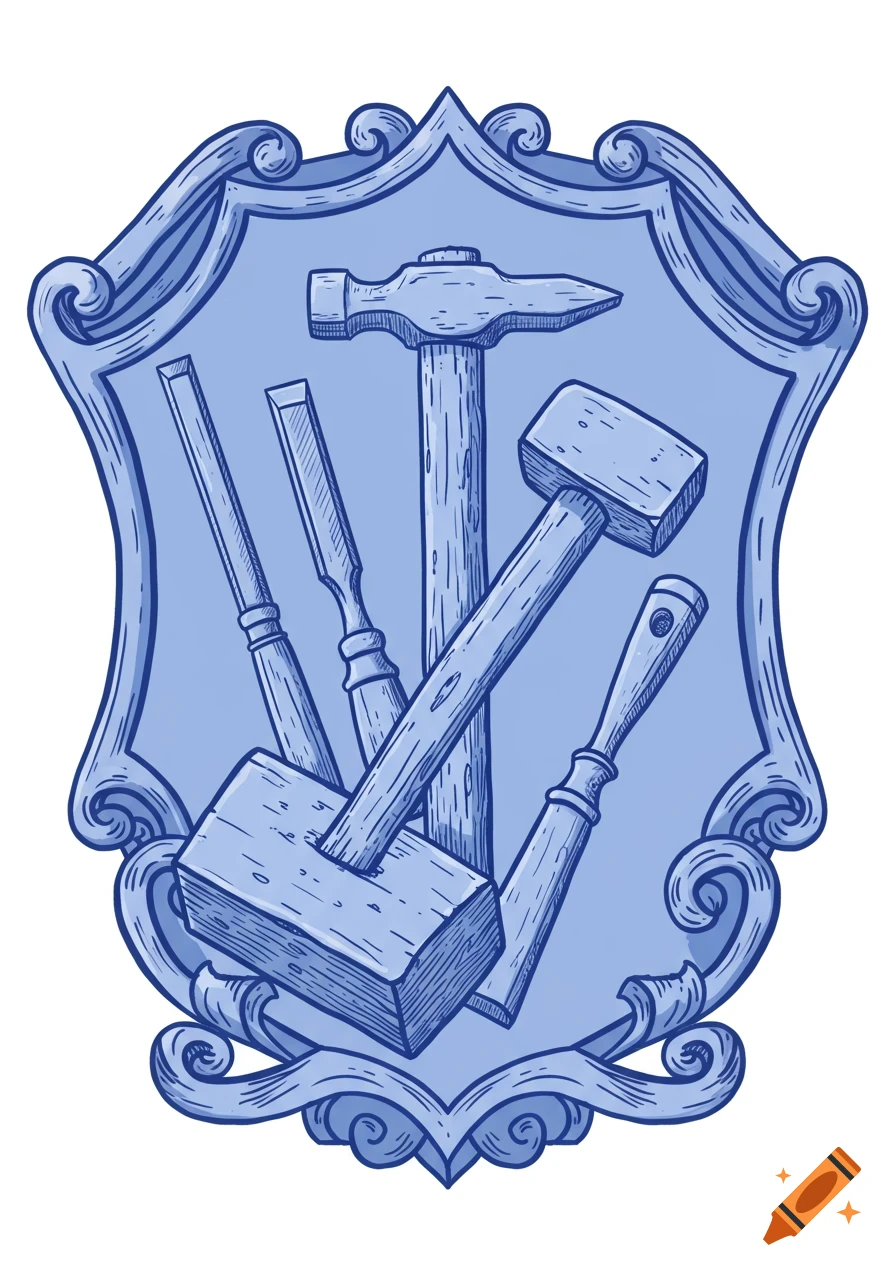 Blue line drawing of a claw hammer, mallet, and chisels arranged inside a decorative shield on a light blue background.
