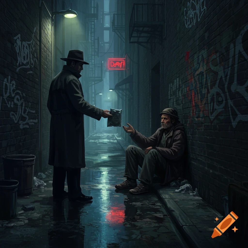 Two men in a dark, wet city alley, one in a trench coat handing a package to a seated homeless man, illuminated by streetlights and a neon sign.