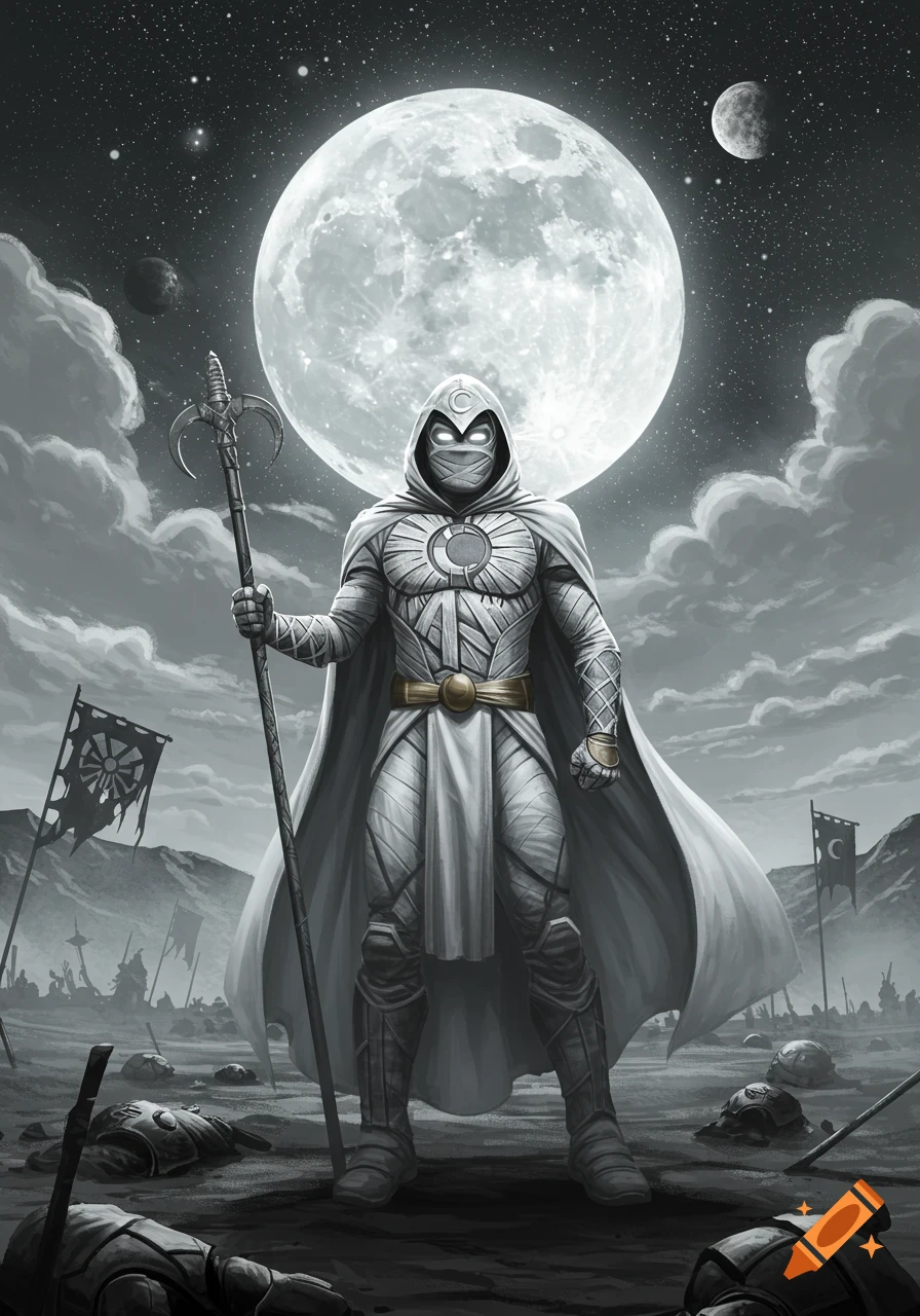 Moon Knight, a white-clad superhero, stands on a dark battlefield holding a staff, under a giant full moon in a starry sky.