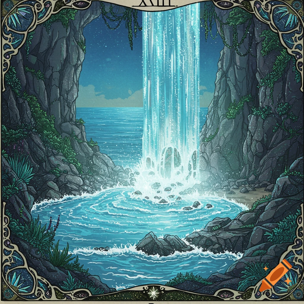 An illustrated tarot card showing a waterfall plunging into a blue ocean on a rocky, cave-filled beach. Roman numeral XIII is at the top.