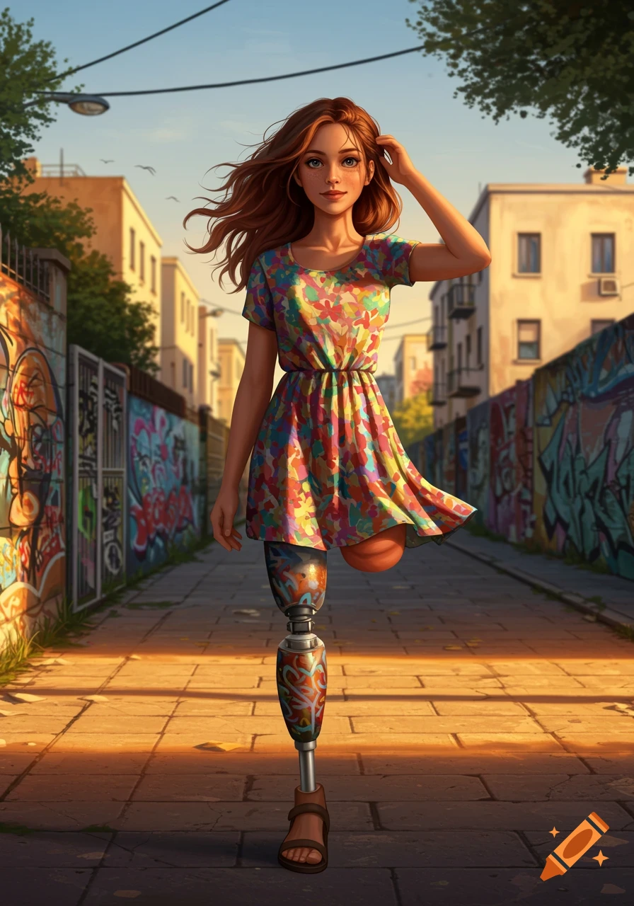 An illustrated young woman with a colorful dress and a decorated prosthetic leg walks on a graffiti-covered urban street.