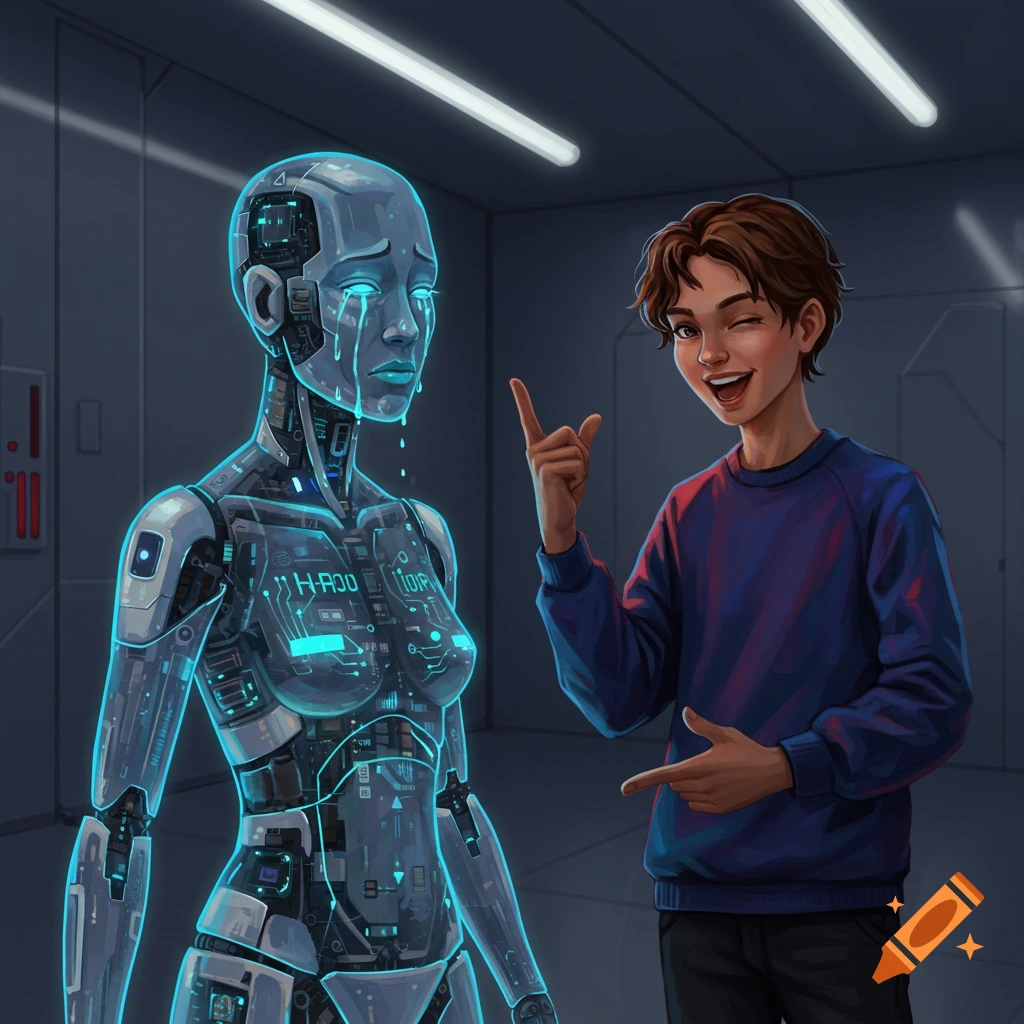 A smiling boy winks and points at a crying robot with glowing blue circuits in a futuristic room, digital art.