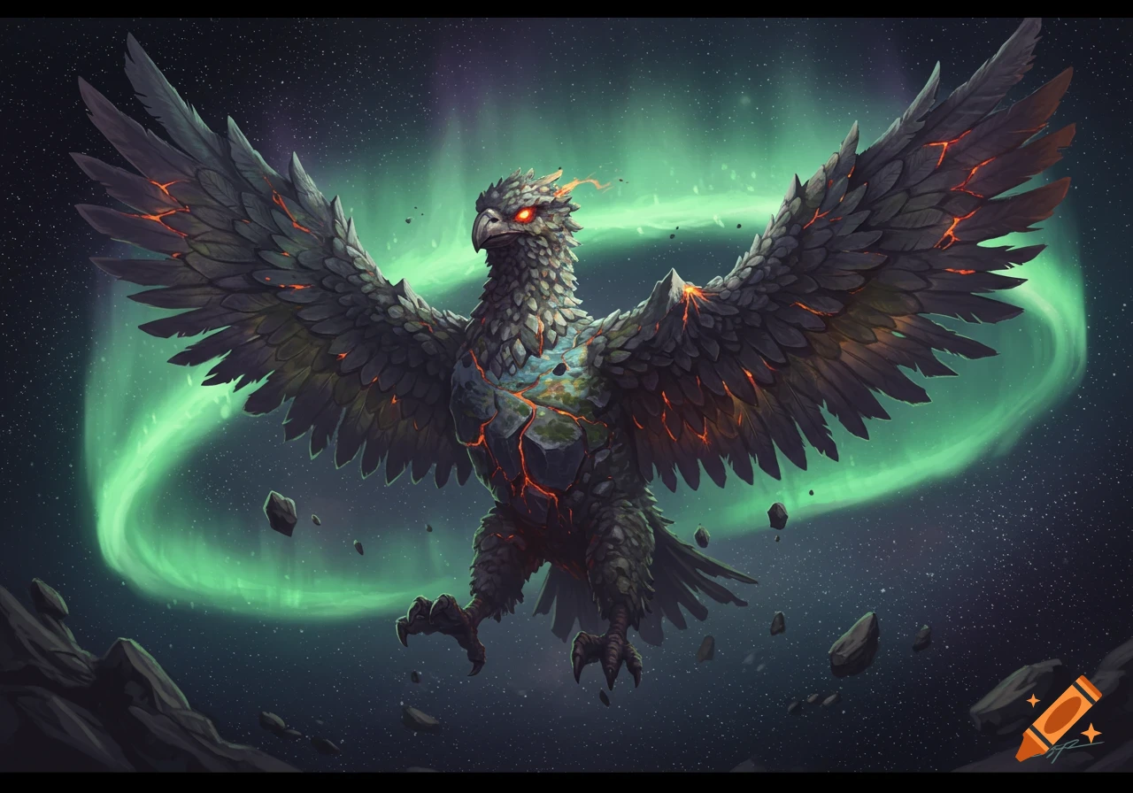 A giant rocky bird monster with glowing red eyes and lava cracks on its body flies through a starry space with a green aurora.