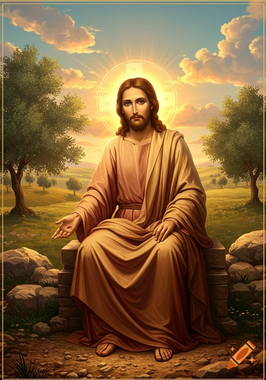 An illustration of Jesus Christ with a halo, seated on a stone bench at sunset, with olive trees in the background.