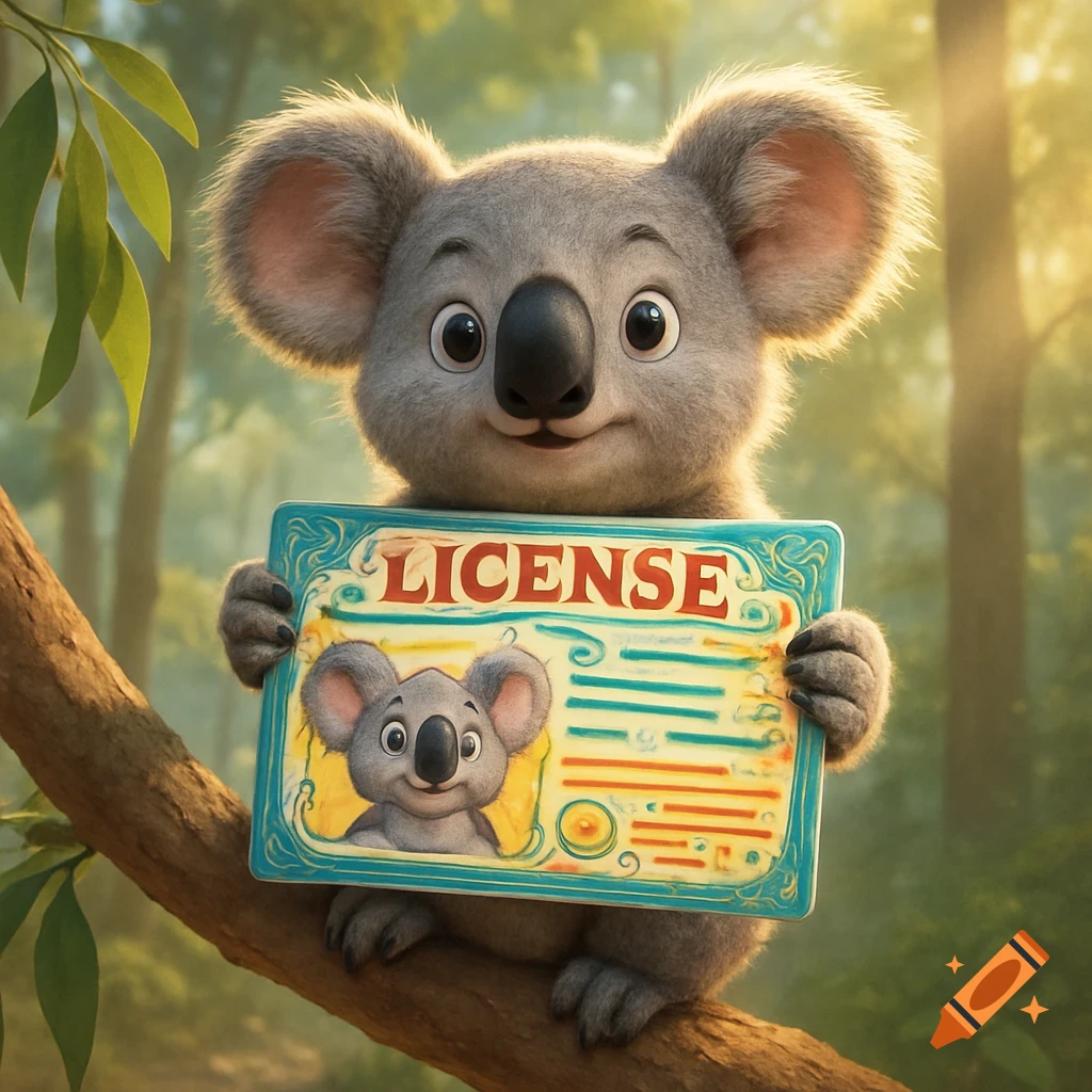 A cute, fluffy cartoon koala sitting on a tree branch, smiling while holding a colorful license document with the word "LICENSE" clearly visible at the top.