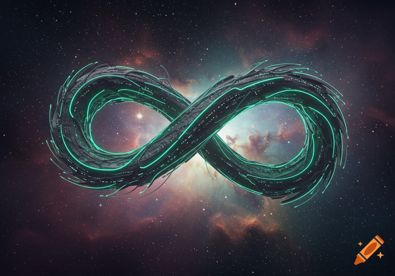 A futuristic, organic-looking infinity symbol resembling a spaceship, set against a backdrop of stars and nebulae in space.