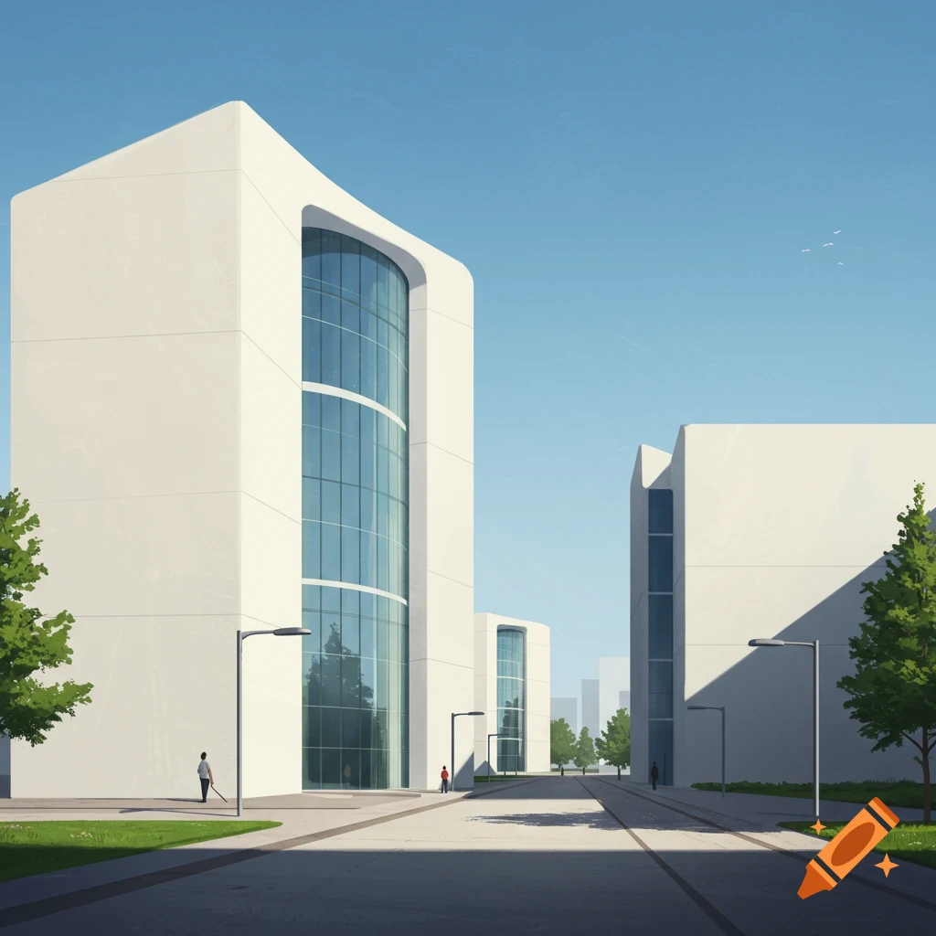 Minimalist white modern buildings with large glass windows under a clear blue sky, with a road and trees.