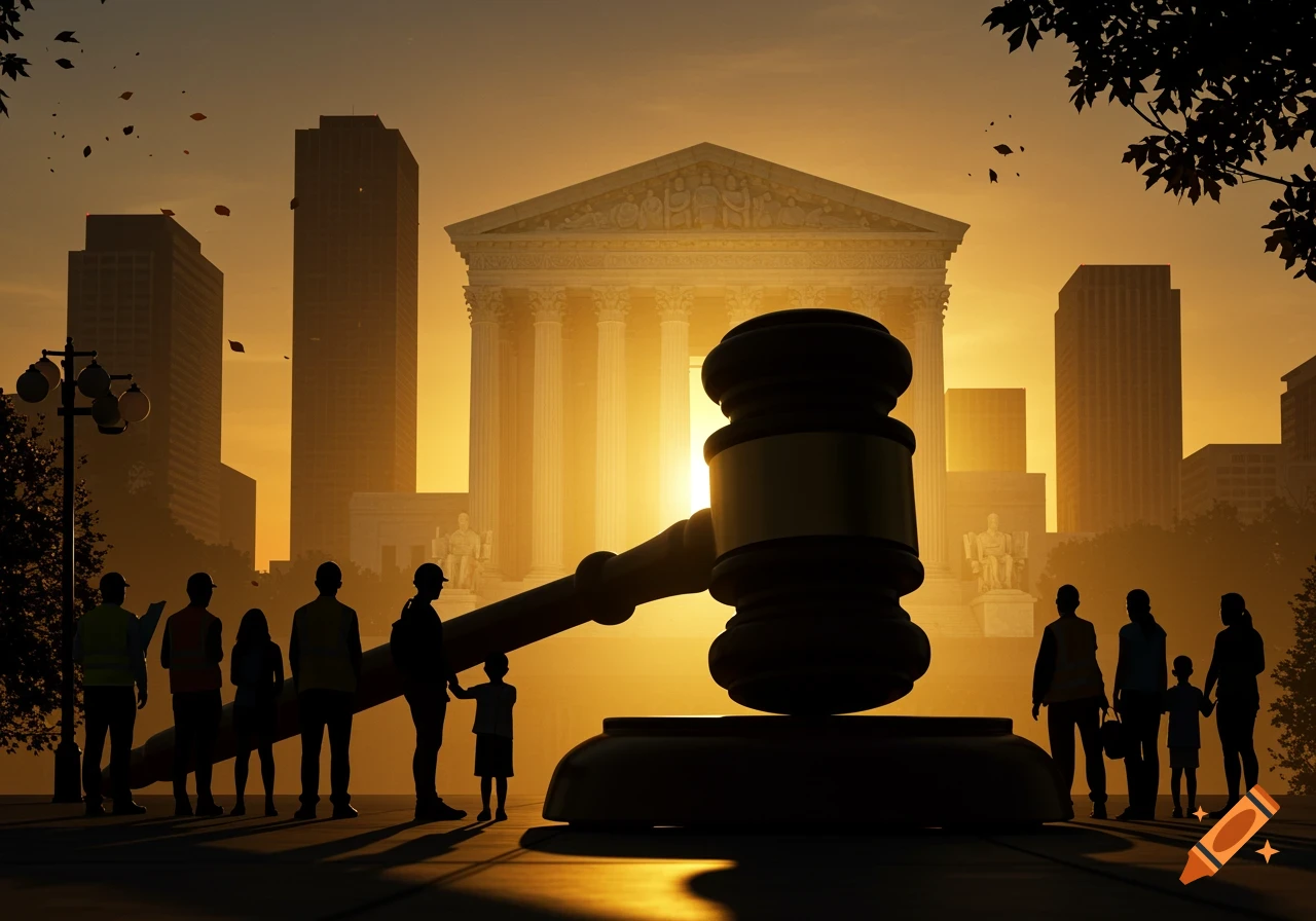 Silhouettes of diverse people and a large gavel in front of a classical court building and city skyline at sunset.