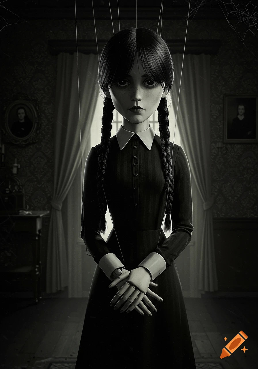 Stylized illustration of a pale puppet resembling Wednesday Addams, with dark braids and wooden hands, in a gloomy, cobwebbed room.