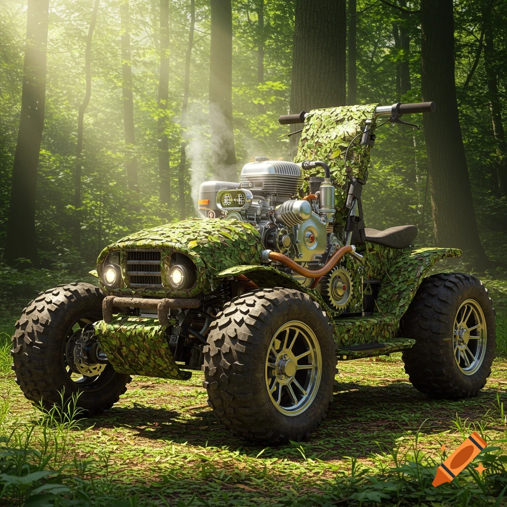 A camouflaged, leaf-covered ATV with a large exposed engine and bright headlights, parked on a sunlit forest floor.