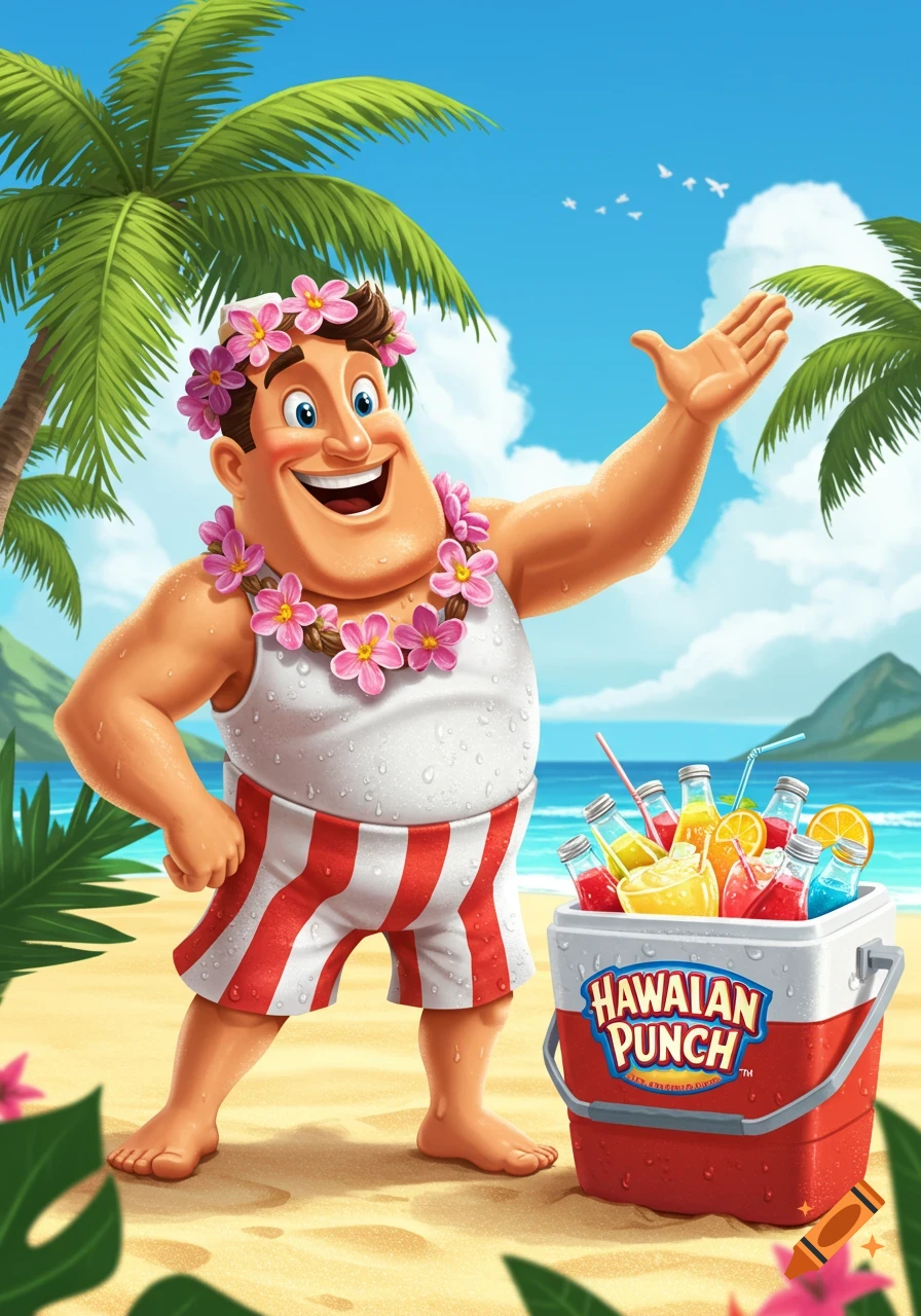 A muscular, smiling cartoon man wearing a lei and striped shorts stands on a sandy beach next to a cooler of Hawaiian Punch, under palm trees and a blue sky.
