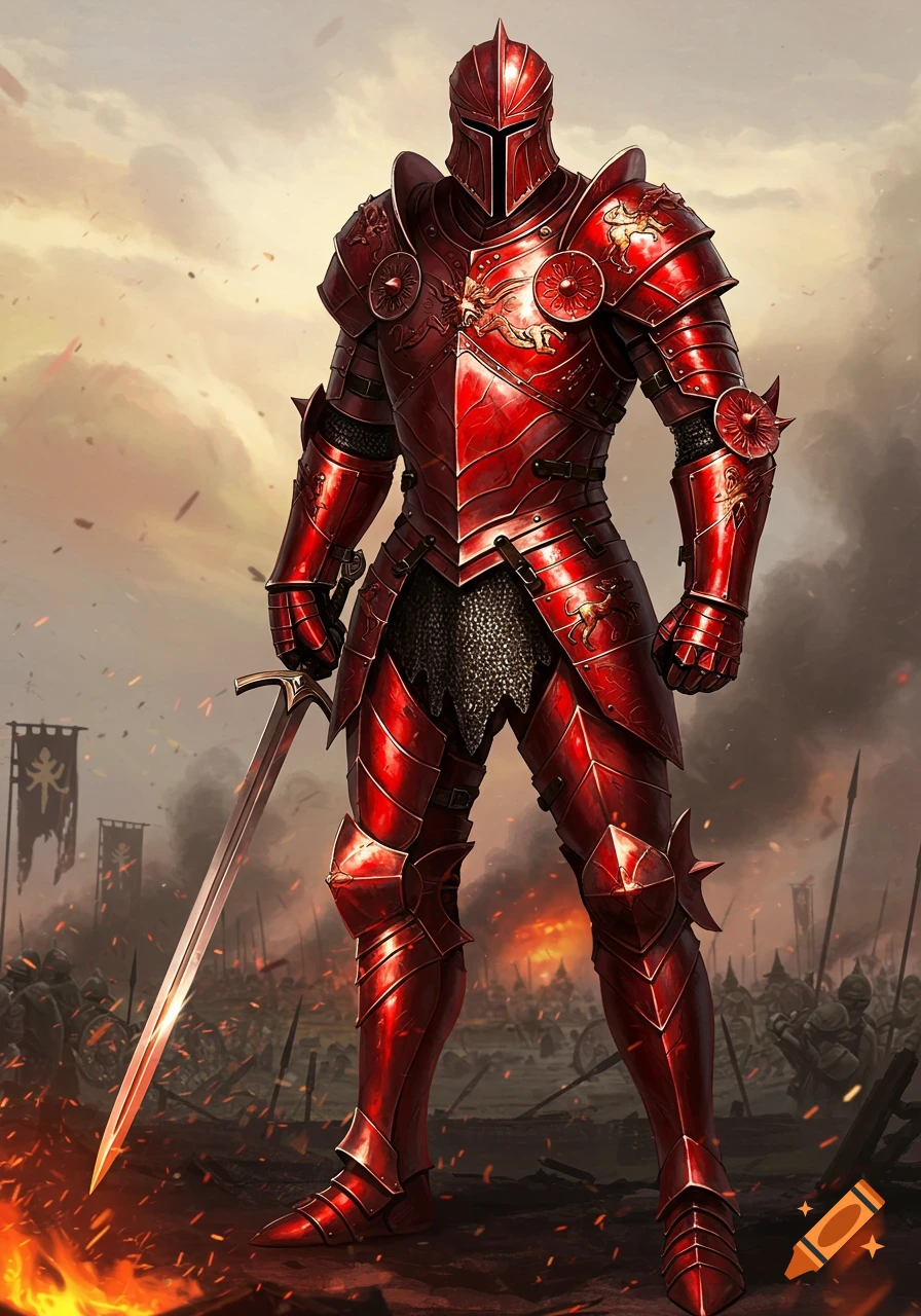 A red and gold armored knight stands on a fiery battlefield, holding a sword, with an army in the background.